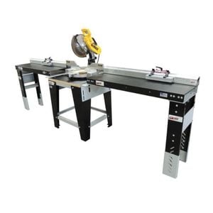 Wood cutting Station with Measuring System with a miter saw mounted to it.