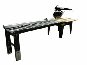 Radial Arm Saw with a 22" wide, 8' long Saw Roller Extension Table attached. The table also has a Saw Measuring System with a Fixed Foot on the top.