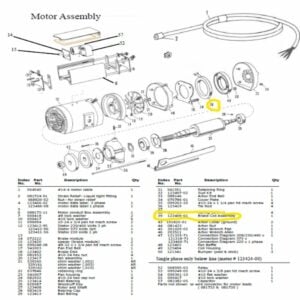 Parts breakdown showing where to locate the Brake Coil Assembly in a motor of an Original Saw Company Radial Arm Saw