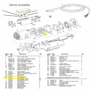 Parts breakdown for the fan assembly in a motor of an Original Saw Company Radial Arm Saw