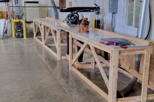 radial arm saw with rip kit used for pallet production