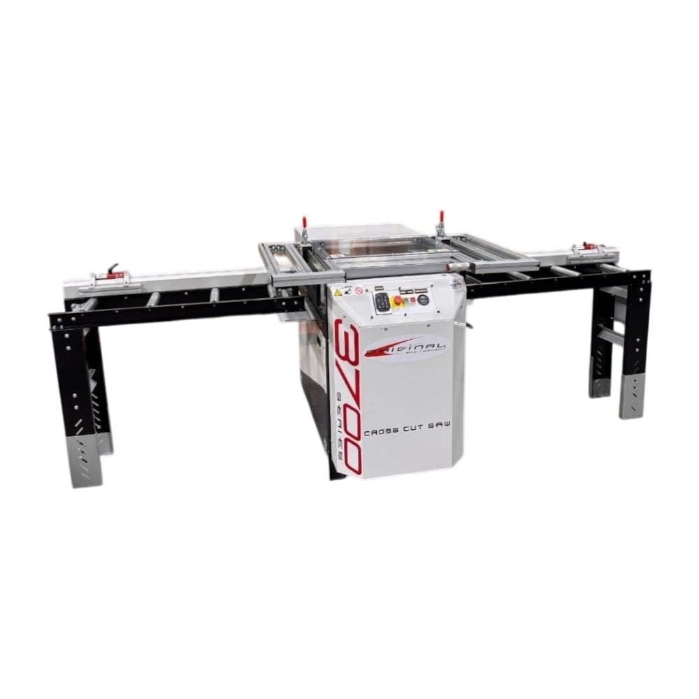 Crosscut Power Saw with two 4 foot Saw Measuring Systems and two 4 foot roller extension tables