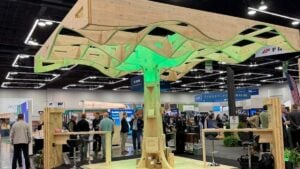 Curved mass timber structure showcasing engineered wood design at conference