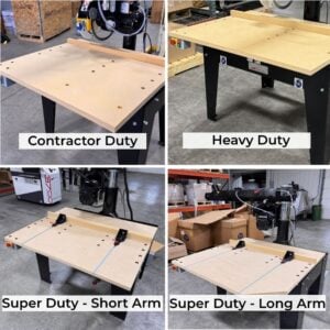 Four Original Saw radial arm saw replacement table board kits: Contractor Duty, Heavy Duty, Super Duty Short Arm and Long Arm.