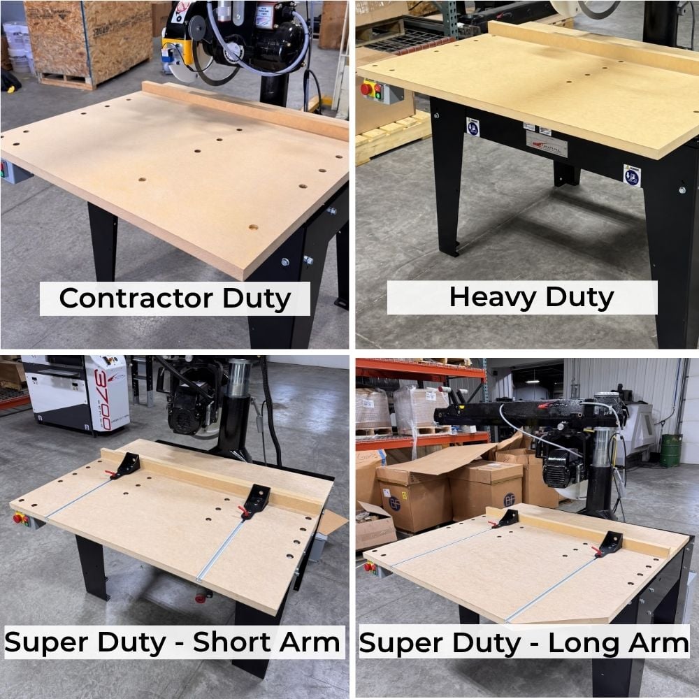 Four Original Saw radial arm saw replacement table board kits: Contractor Duty, Heavy Duty, Super Duty Short Arm and Long Arm.